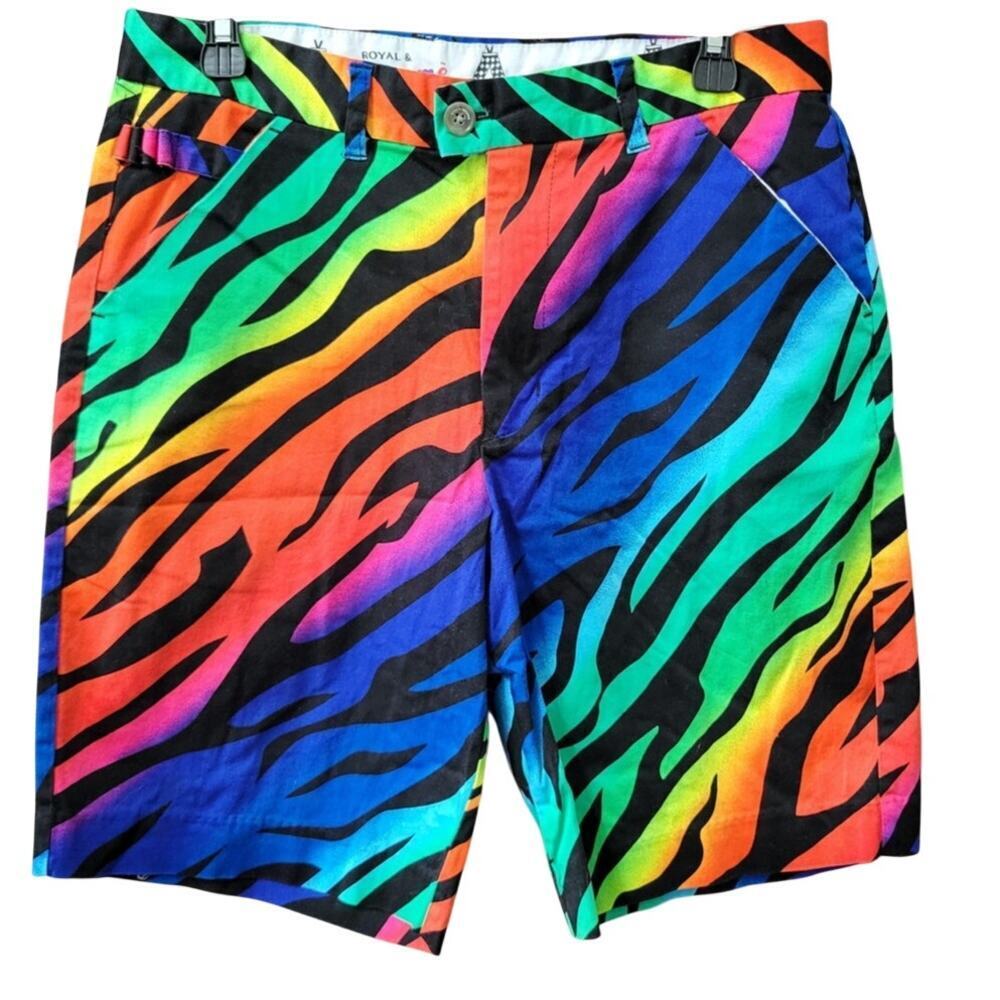 Royal & Awesome Wild Ones Golf Shorts Size 32 Rainbow Tiger Stripe Stretch